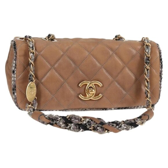 CHANEL Matelasse Chain Shoulder Bag Coated Canvas Beige CC Auth 118136A - Picture 1 of 16